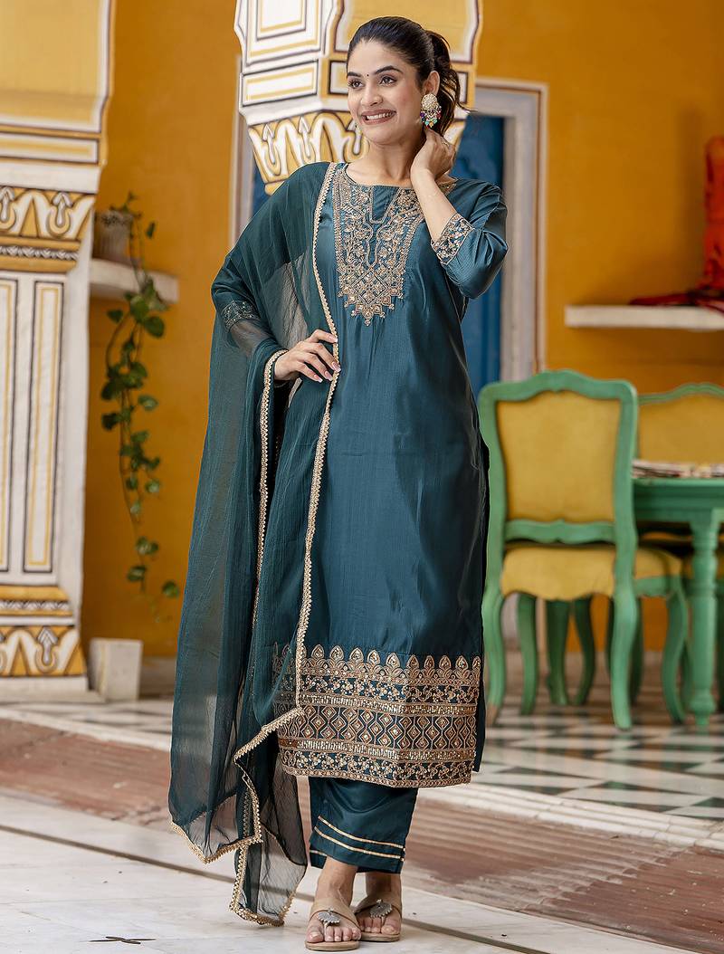 teal-green silk blend festive kurta set