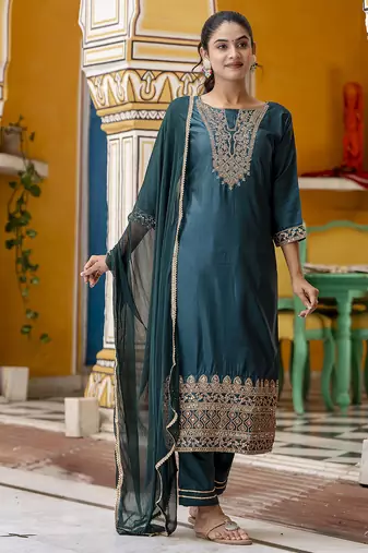 teal-green silk blend festive kurta set