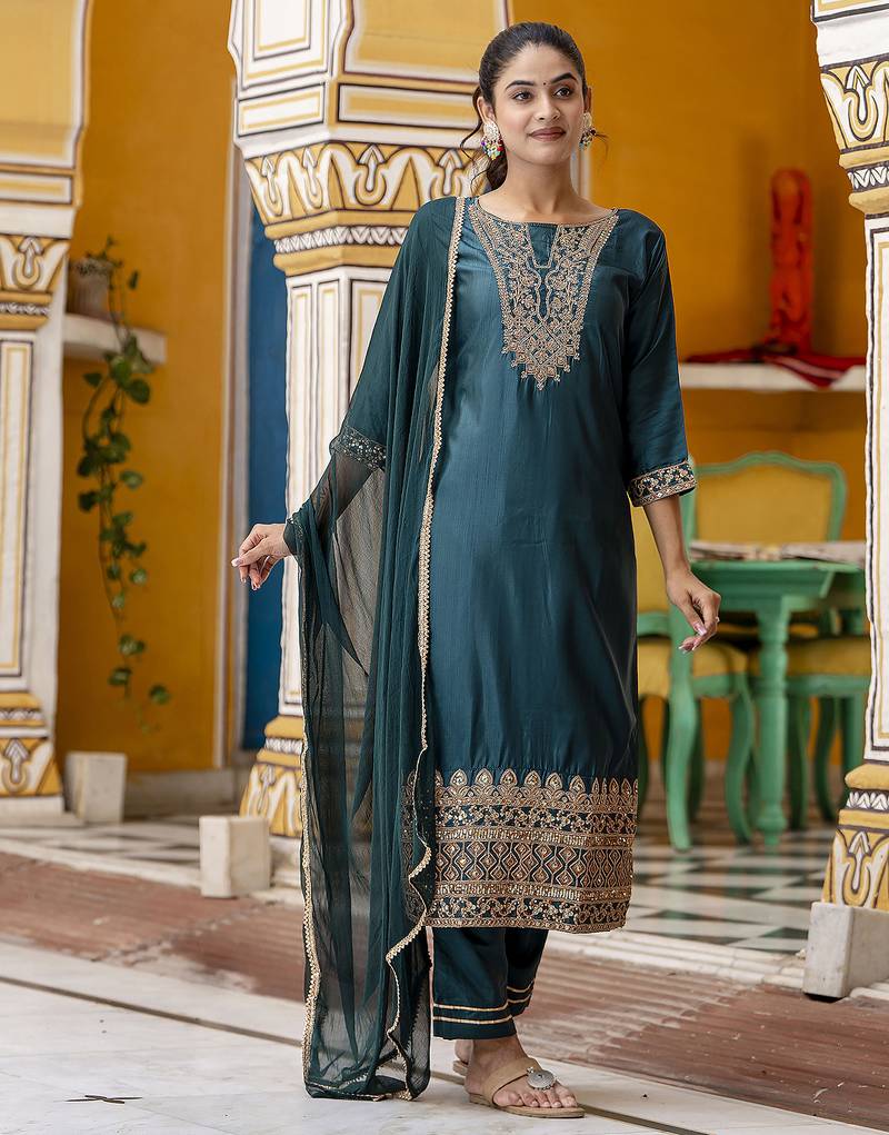 teal-green silk blend festive kurta set