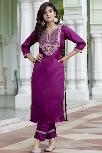 purple silk blend festive kurta set