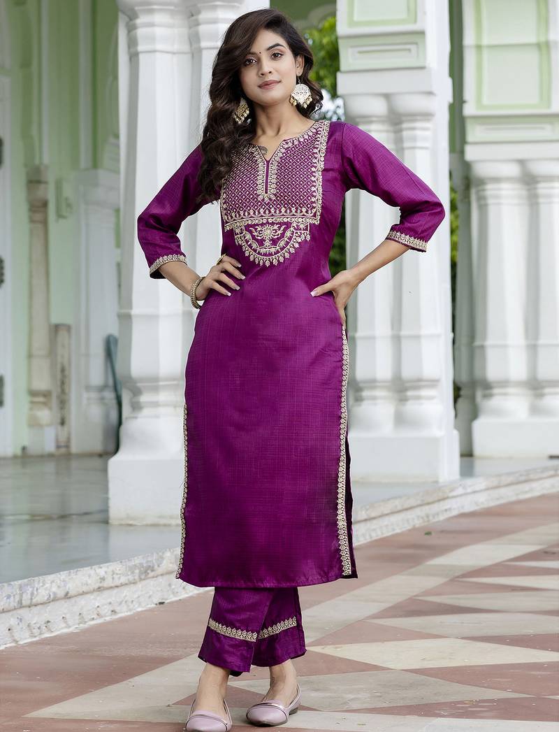 purple silk blend festive kurta set