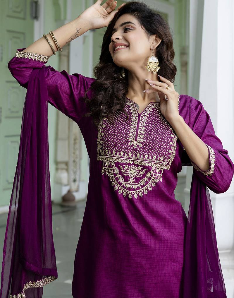purple silk blend festive kurta set