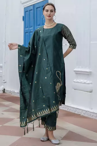 green jacquard festive kurta set