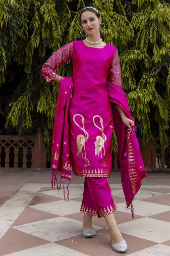 rani-pink jacquard festive kurta set