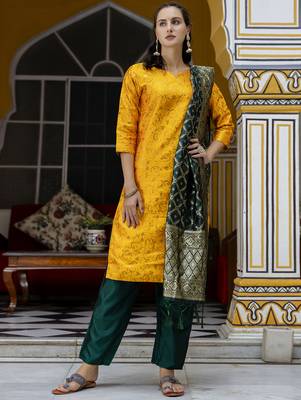 yellow cotton silk festive kurta set 1