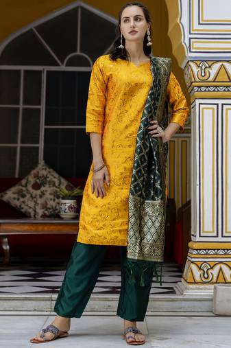 yellow cotton silk festive kurta set