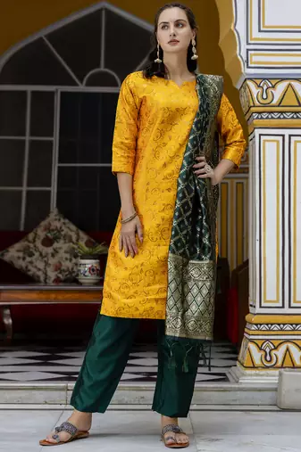 yellow cotton silk festive kurta set