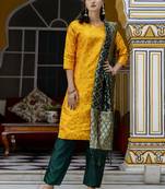yellow cotton silk festive kurta set