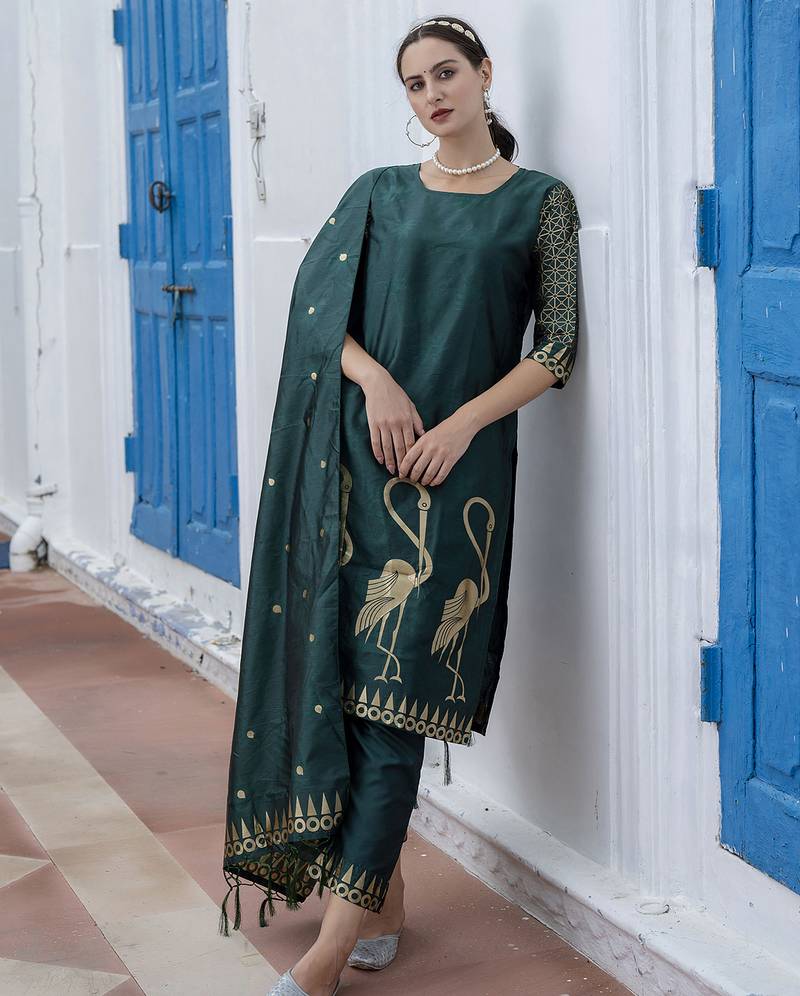 green jacquard festive kurta set