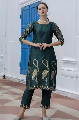 green jacquard festive kurta set
