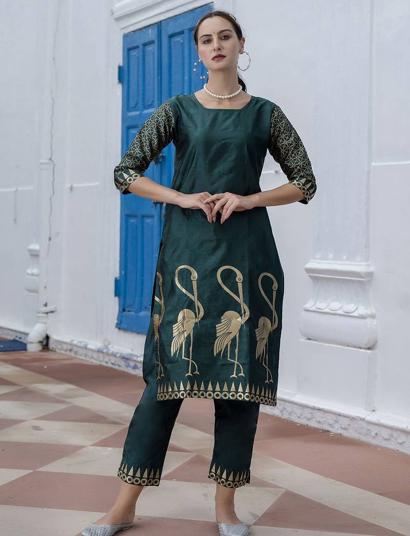 green jacquard festive kurta set