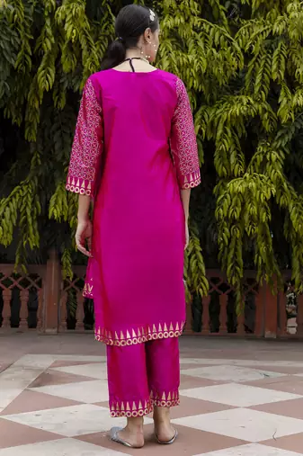 rani-pink jacquard festive kurta set