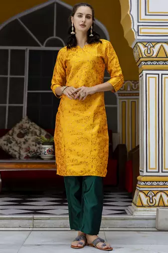 yellow cotton silk festive kurta set