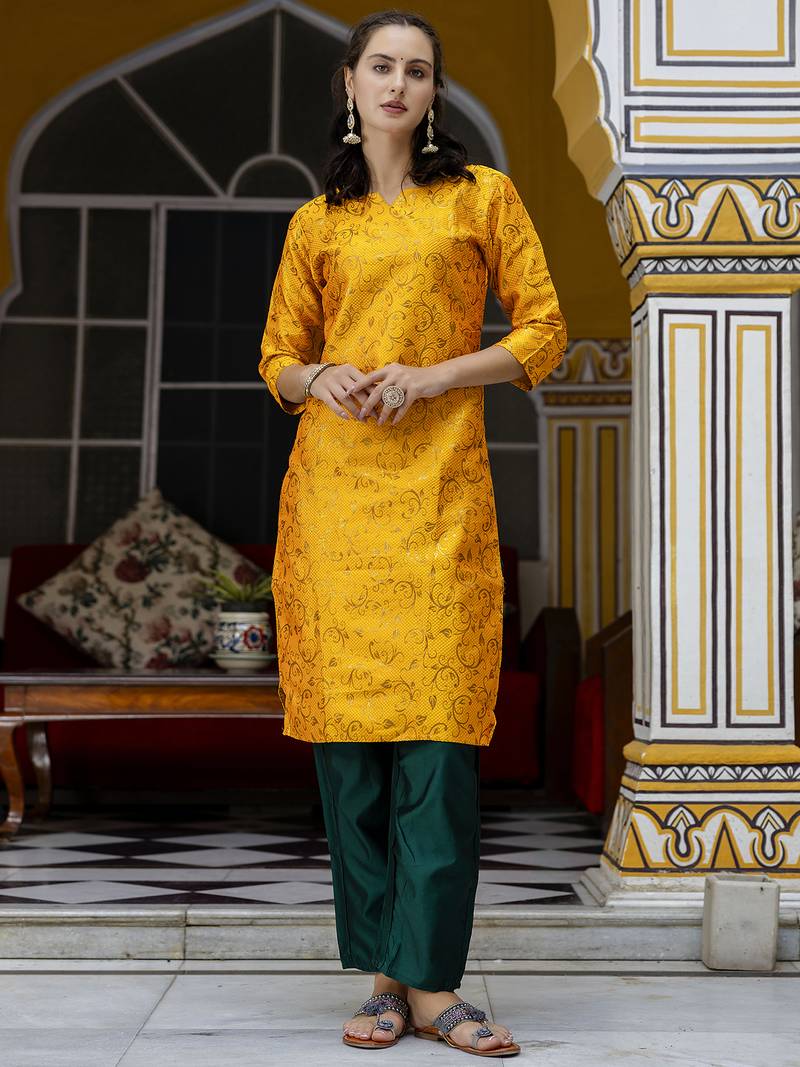 yellow cotton silk festive kurta set