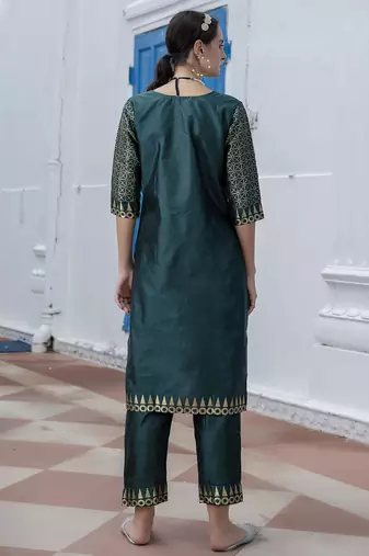 green jacquard festive kurta set
