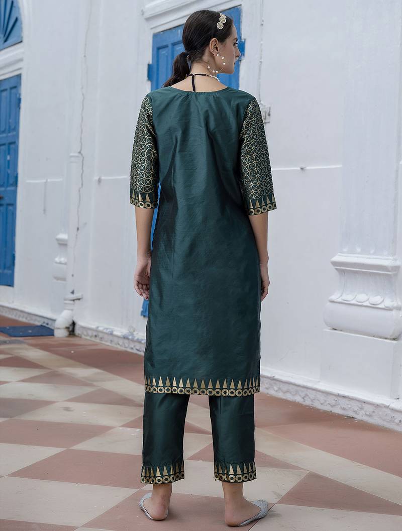 green jacquard festive kurta set