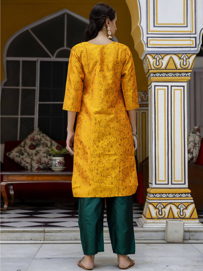 yellow cotton silk festive kurta set