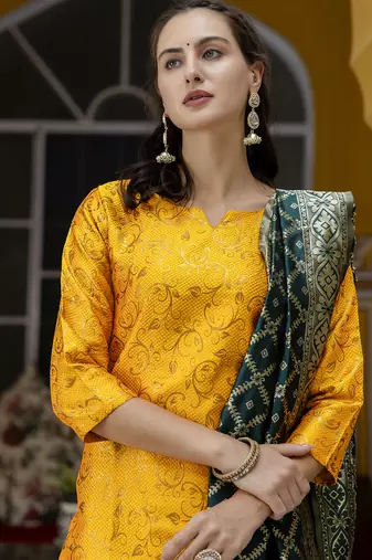 yellow cotton silk festive kurta set
