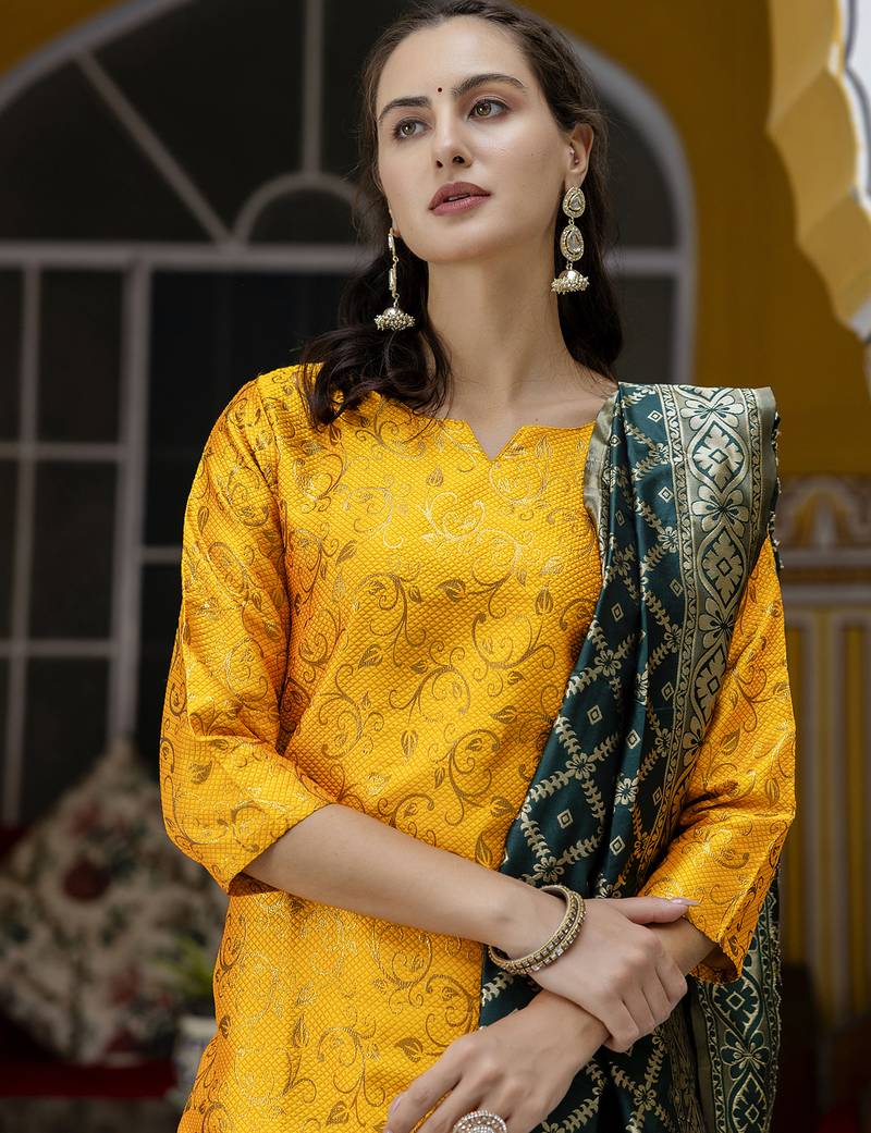 yellow cotton silk festive kurta set