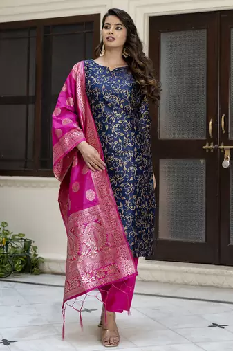 navy-blue cotton silk festive kurta set