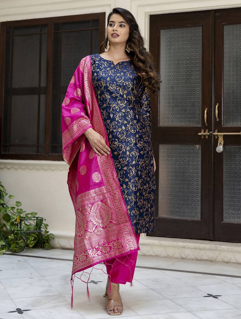 navy-blue cotton silk festive kurta set