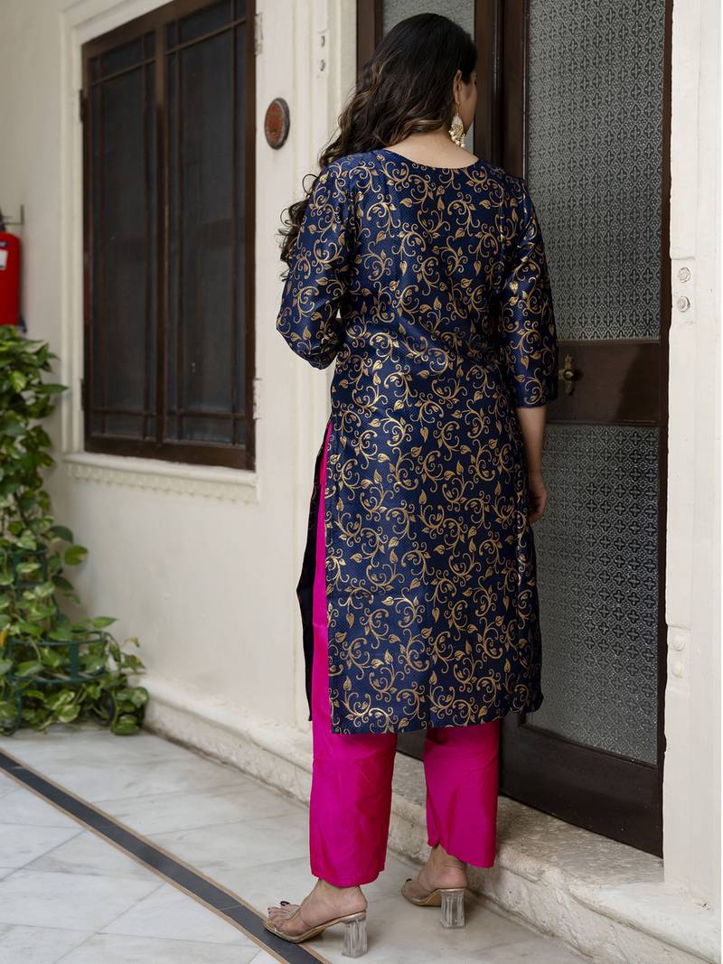 navy-blue cotton silk festive kurta set