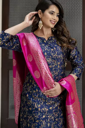 navy-blue cotton silk festive kurta set
