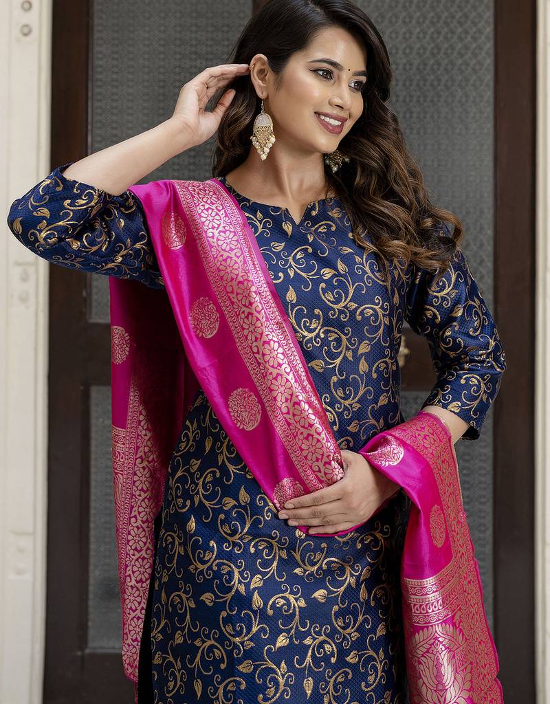 navy-blue cotton silk festive kurta set
