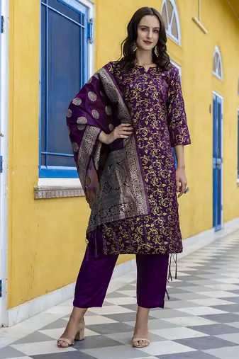 dark-purple cotton silk festive kurta set