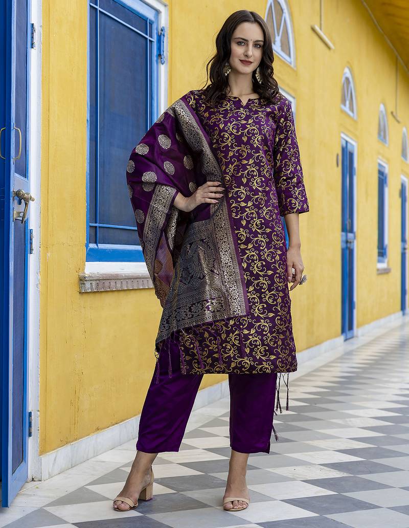 dark-purple cotton silk festive kurta set