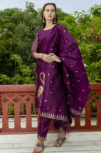 purple jacquard festive kurta set