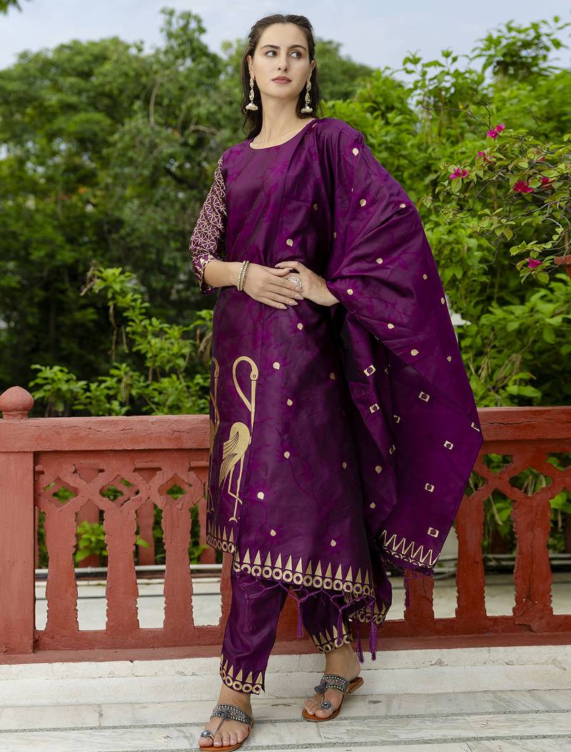 purple jacquard festive kurta set