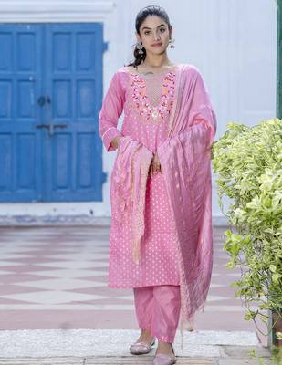pink chanderi silk festive kurta set 1