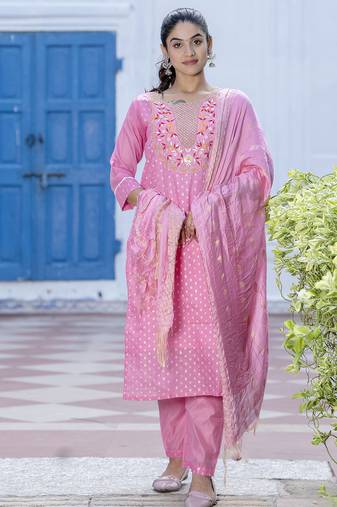 pink chanderi silk festive kurta set