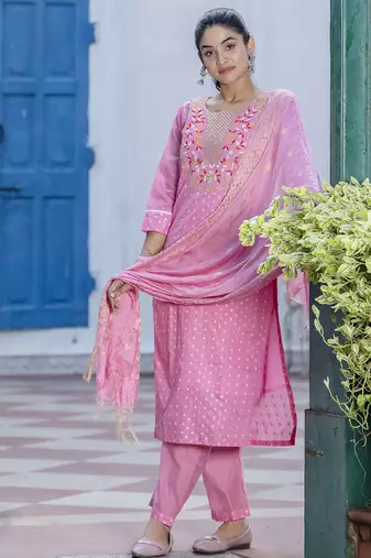 pink chanderi silk festive kurta set