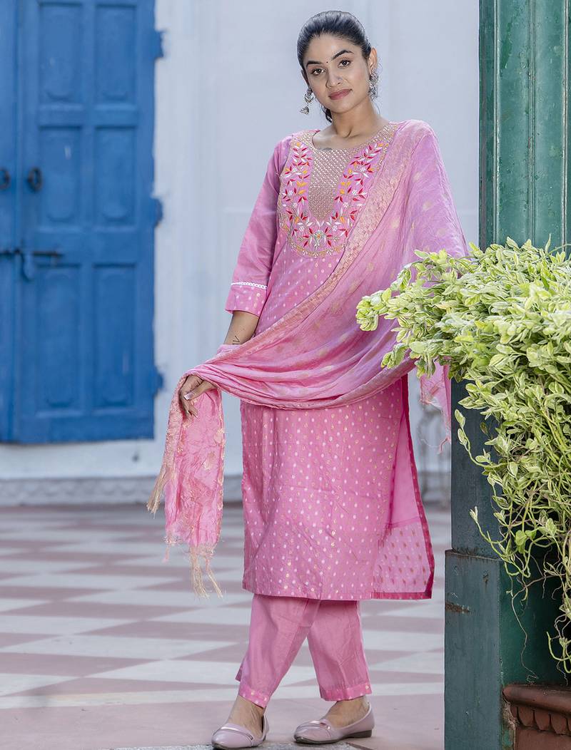pink chanderi silk festive kurta set