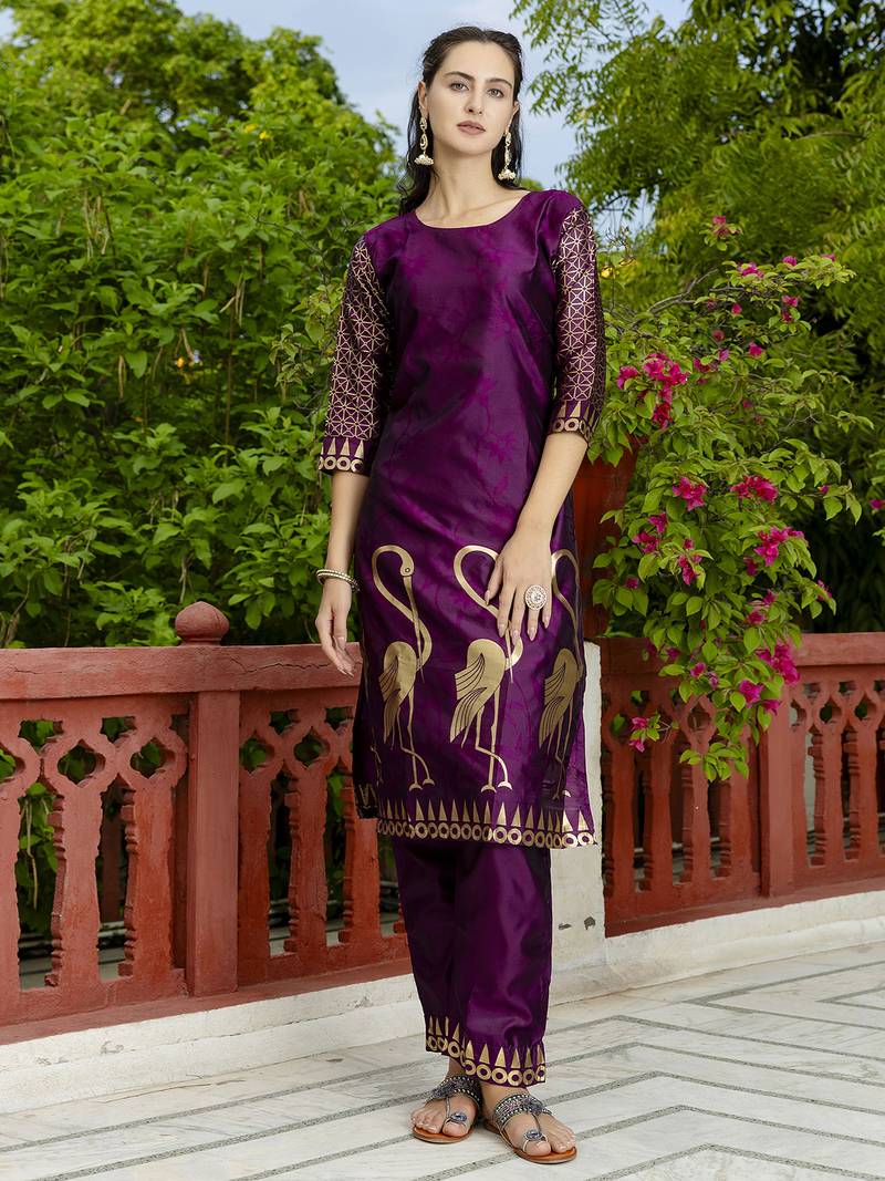 purple jacquard festive kurta set