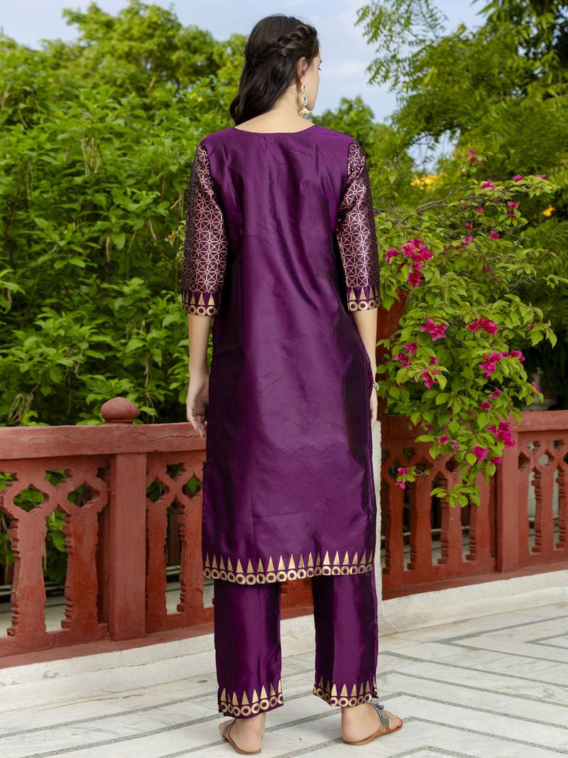 purple jacquard festive kurta set