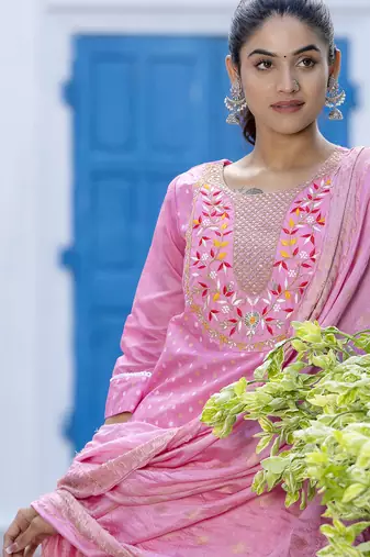 pink chanderi silk festive kurta set