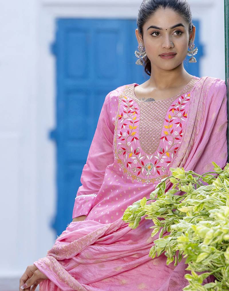 pink chanderi silk festive kurta set