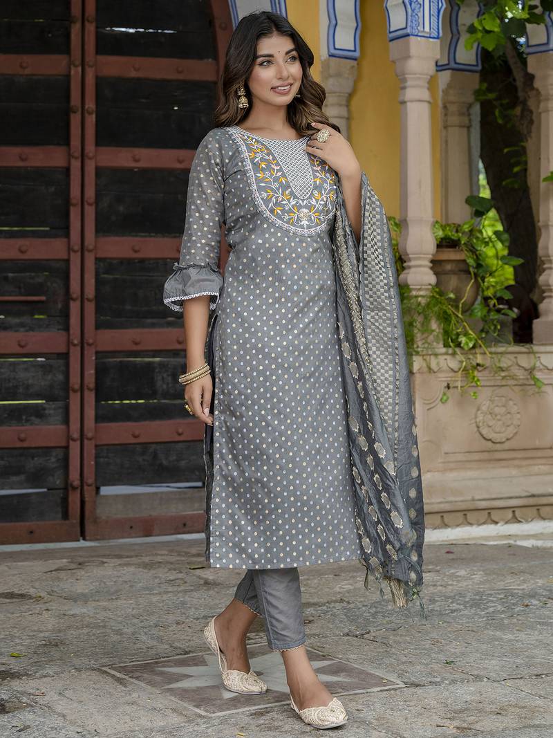 grey chanderi silk festive kurta set