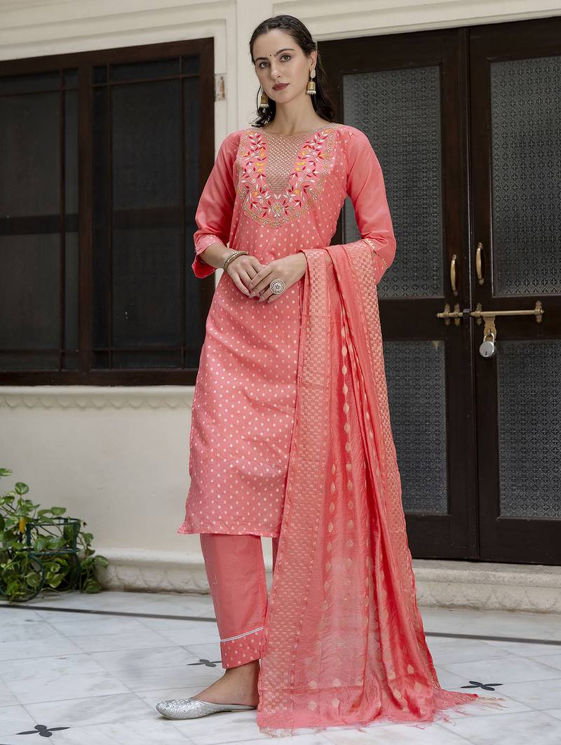 orange chanderi silk festive kurta set