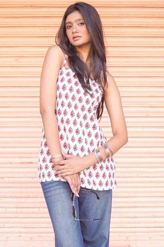 Blush Floral Block-Print Fusion kurti