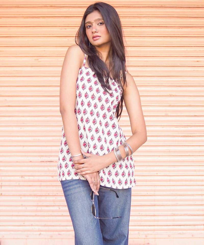 Blush Floral Block-Print Fusion kurti