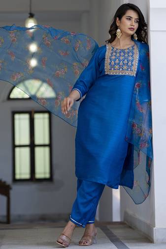 teal silk blend festive kurta set