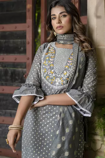 grey chanderi silk festive kurta set