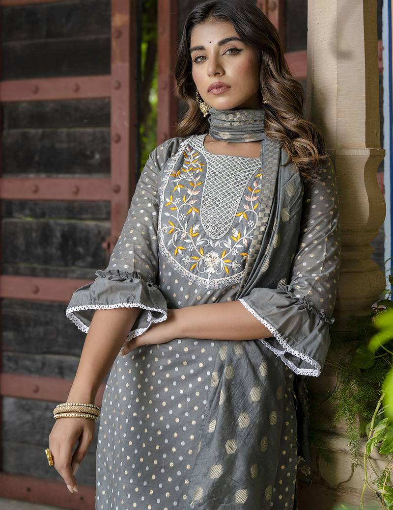 grey chanderi silk festive kurta set