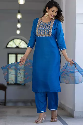 teal silk blend festive kurta set