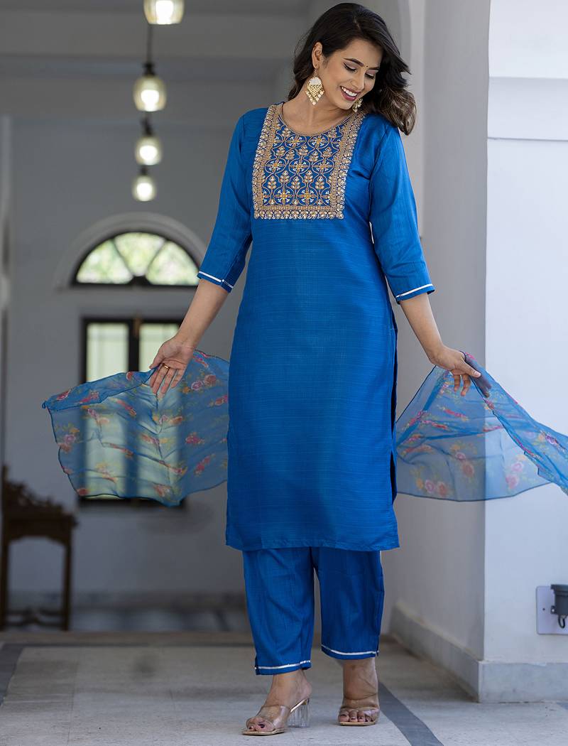 teal silk blend festive kurta set