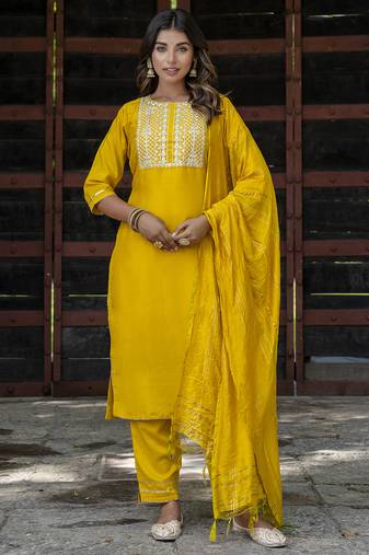 yellow chinon festive kurta set